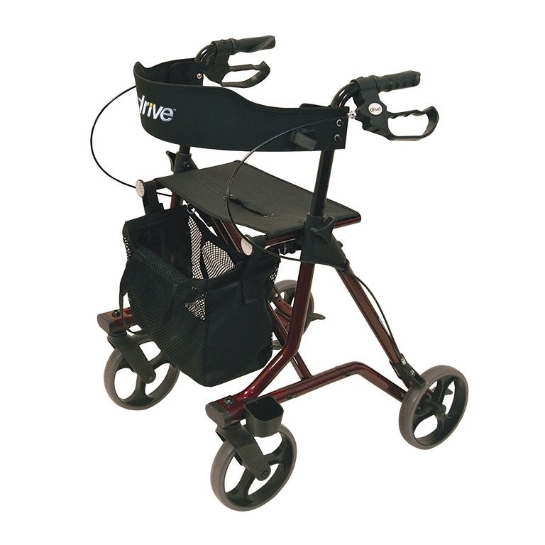 Rollator rot mit schwarzem Polster und Tasche